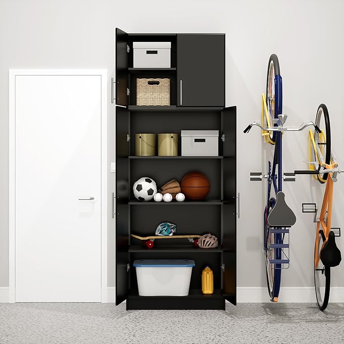 Prepac Elite Tall Garage Storage Cabinet & Pantry Storage Cupboard, 2-Door Freestanding Bathroom or Pantry Cabinet with Adjustable Shelves, 16" D x 32" W x 65" H, Black