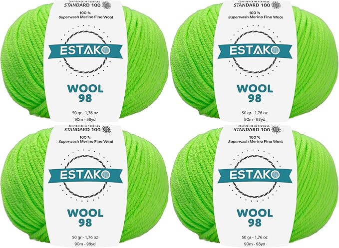 Estako Wool 98 (4-Skeins Pack) 100% Superwash Merino Wool Medium Worsted Weight Soft Knitting and Crochet Yarn (4 x 1.76 oz) (4 x 98 yds) (6391 - Pistachio)