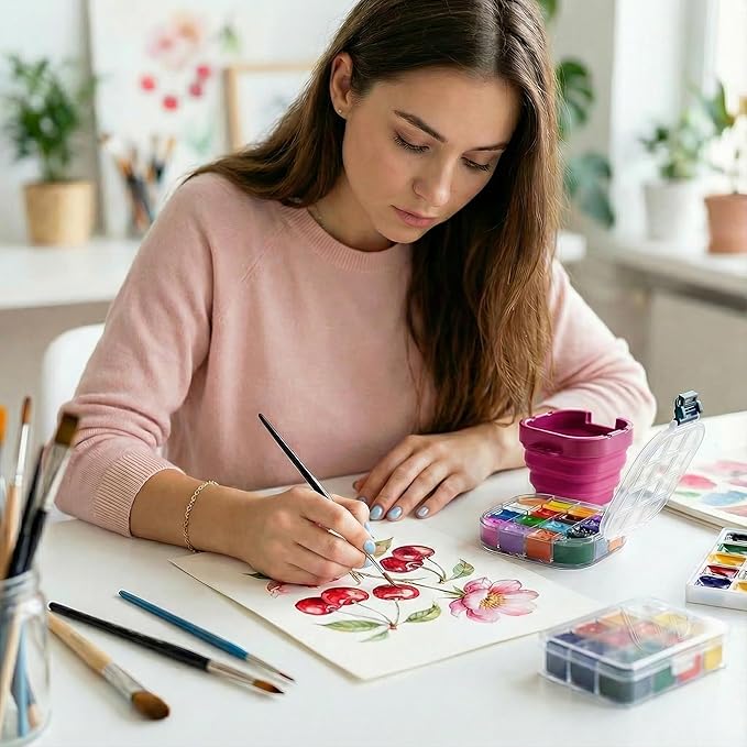 Mini Paint Storage Box 5.1 x 4.2 inches, 16-Well with Airtight Seal for Prevent Leakage Spills, Include Convenient Lid and Palette Storing Gouache, Acrylic, Watercolor Oil Paint (Pink)