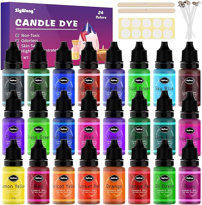 Candle Dye - 24 Colors Liquid Candle Making Dye for DIY candle making supplies Kit, Food Grade Ingredients Oil-Based Candle Coloring for Soy Wax Dyes, Beeswax, Gel Wax, Paraffin Wax - Each 0.35oz/10ml