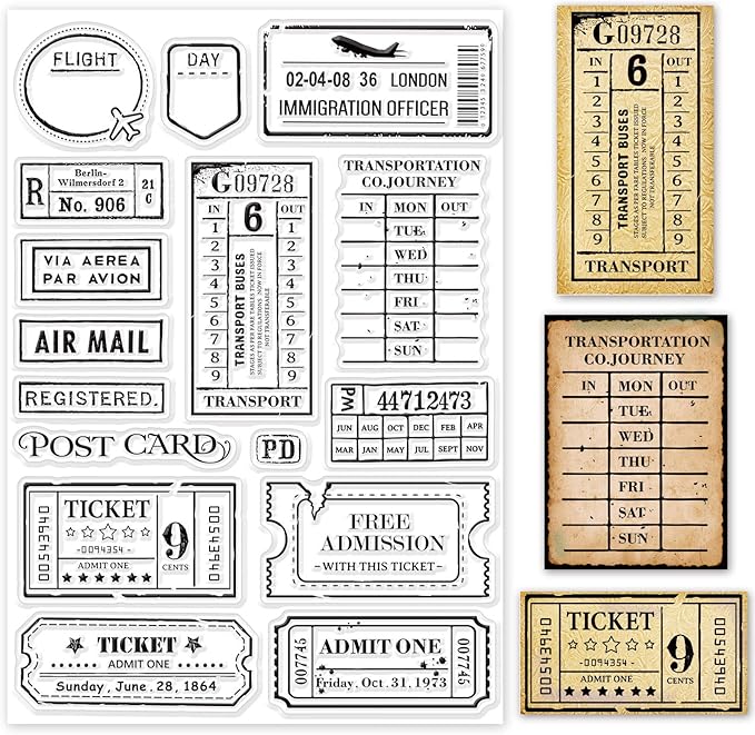 GLOBLELAND Vintage Travel Ticket Themed Clear Stamps Tickets Silicone Stamp Retro Tickets Post Card Silicone Transparent Seal Stamp for Card Making Scrapbooking 5.83x8.27inch