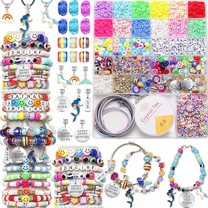 3900 Pcs Girls Bracelet Making Kit, Beads Jewelry Making Kit, Unicorn/Mermaid DIY Crafts Birthday Christmas Gifts with Organizer Box for Friendship Bracelets kits, Girls Ages 5 6 7 8-12 Years Old