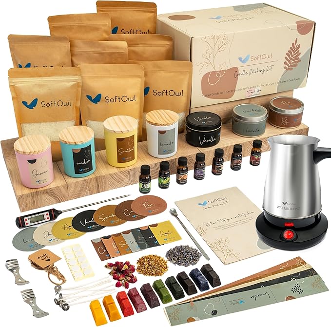 SoftOwl Premium Soy Candle Making Kit with Electric Melter - Soy Wax, Big 7oz Jars & Tins, 7 Pleasant Scents, Color Dyes & More - Perfect as Home Decorations - DIY Starter Scented Candles Making Kit