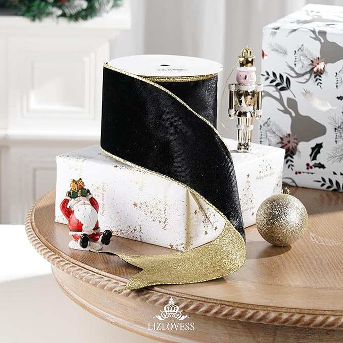 Black Velvet Wired Ribbon with Glitter Back 4 Inch Black and Gold Christmas Ribbon Wired Ribbon for Christmas Tree, Gift Wrapping, Mantel, Wreaths Supplies, Topper Bows (10 Yards)