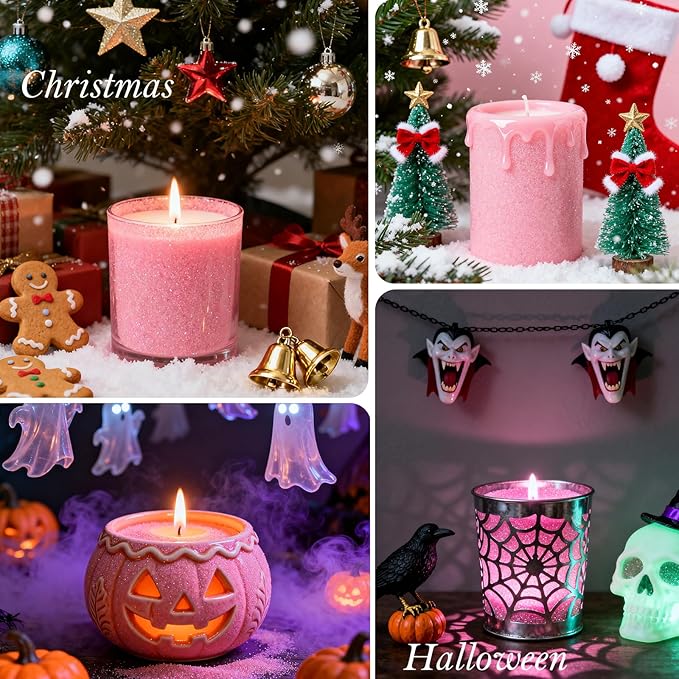 Aufien Candle Sand with Wicks, 21.4 Oz Pearled Candle, DIY Bead Powder Sand Wax Making kit Refillable Non Toxic for Handmade, Wedding and Halloween Christmas Decorations Pink Unscented