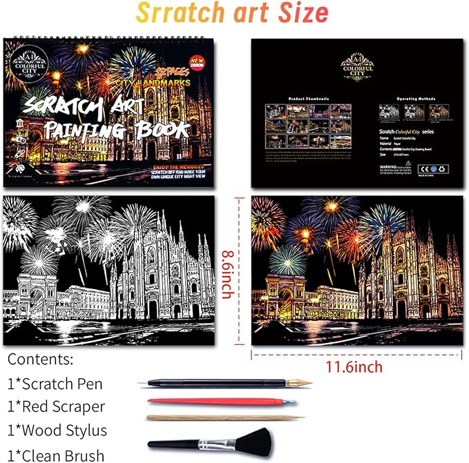 Scratch Art Book for Adults,Scratch Painting Foil for Adults，Scratch and Sketch City Landmarks Books,Colorful City Series Scratch Art 12 Pas by Iskueal(Milan Cathedral)