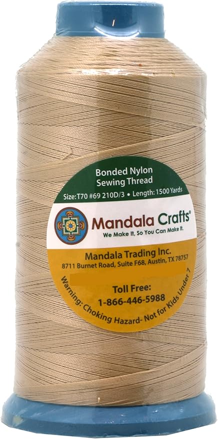 Mandala Crafts Bonded Nylon Thread Tan Heavy Duty Sewing Threads - 1500 YDs Size 69 210D T70 Tex 70 Thread for Leather Jeans Weaving Outdoor Marine Upholstery Threads