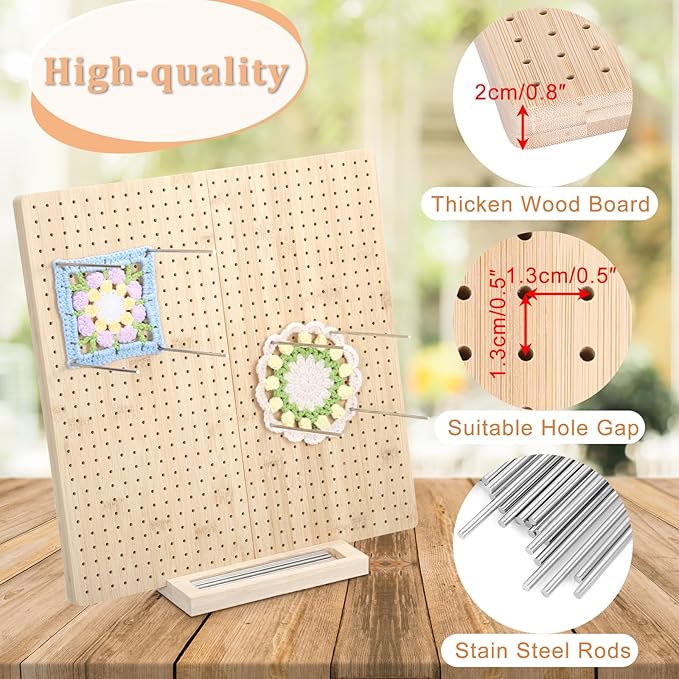 OGANAZI 15" Foldable Crochet Blocking Boards for Crochet Projects, Wooden Granny Square Blocking Board with 30 Pegs, Handcrafted Knitting Blocking Mat, Ideal Crocheting Accessories Gift for Crocheters