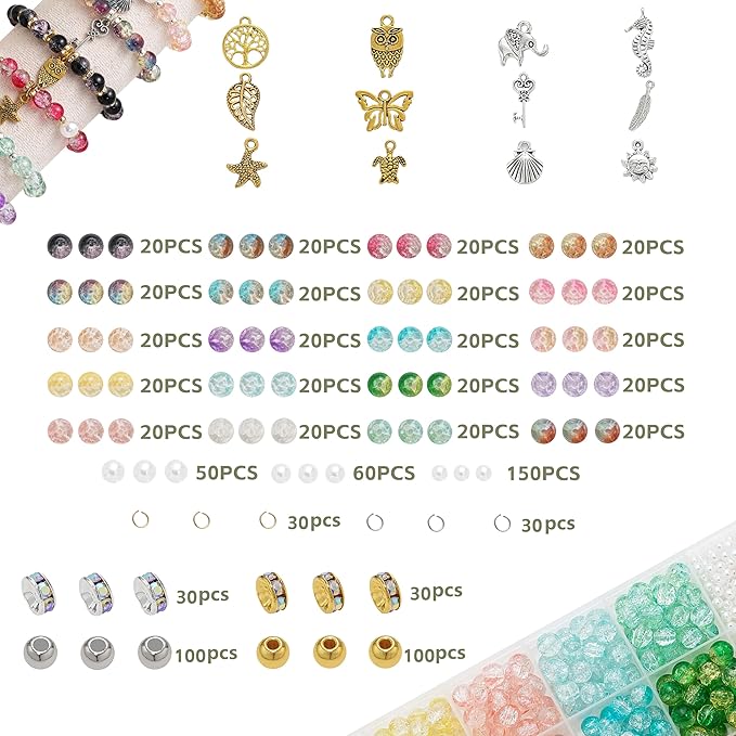 Glass Beads Bracelet Making Kit, 20 Colors 8mm Crackle Glass Beads for Jewelry Making, Crystal Glass Round Beads Friendship Bracelet kit for DIY Crafts Gifts