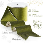 Moss Velvet Wired Ribbon with Glitter Back 4 Inch Green and Gold Christmas Ribbon Wired Olive Ribbon for Christmas Tree, Gift Wrapping, Crafts, Wreaths Supplies, Topper Bows (10 Yards)
