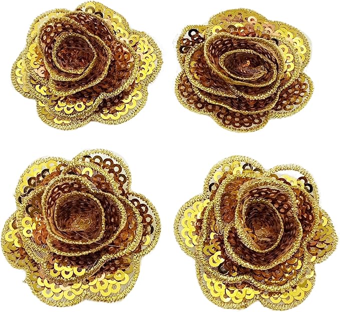 5 PC Rose Flower Sequins Lace Embroidery Patch Applique Trim Wedding Dress DIY Sewing Craft Clothes Applique, 1.6 Inch, Gold