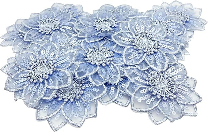 BETITETO 20pcs Embroidery Flower Lace Applique Exquisite 3D Sequins Organza Floral Sew On Patches for Wedding Bridal Dress Clothes Headpieces Sewing Craft DIY (Blue)