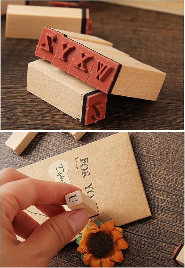36Pcs Wooden Rubber Stamps Number Letter Alphabet Stamps Mini Cute DIY Stamps Set for Craft Decorating Scrapbooking and Wedding Invitation Cards (36pcs A)