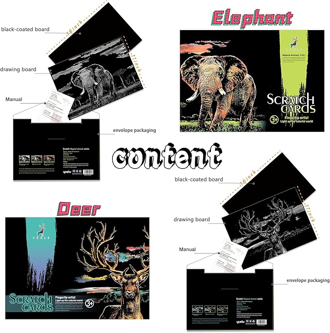 DESINIK Scratch Painting Art for Adults & Teens - 2 Sheets Rainbow Scratch Painting Kit, Scratch Painting Foil Art for Adults, Stress Relief Adult Craft Kits A3(Deer & Elephant)