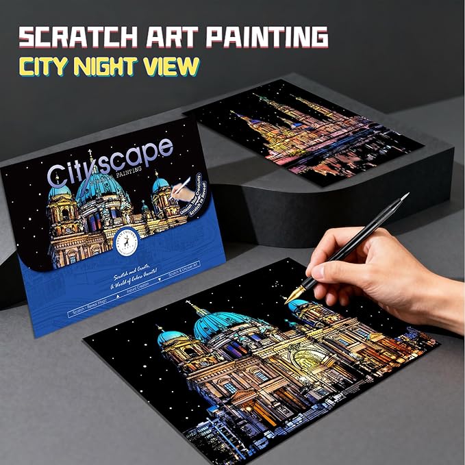 Scratch Art for Adults-Scratch Painting Craft Kit (4 Sheets 16x11 in)|Foil Engraving Art Set|Stress Relief Gift for Travel Lovers,Craft Lovers|Creative Scratch Art Home Decor(City Scape 2)