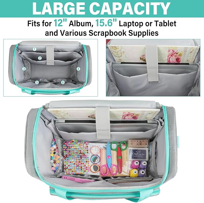 Craft Bag for Scrapbook Supplies, Large Scrapbook Tote with 15.6'' Laptop Sleeve, Art Supply Storage Bag with Multiple Pockets for Scrapbooking Tools, Gray