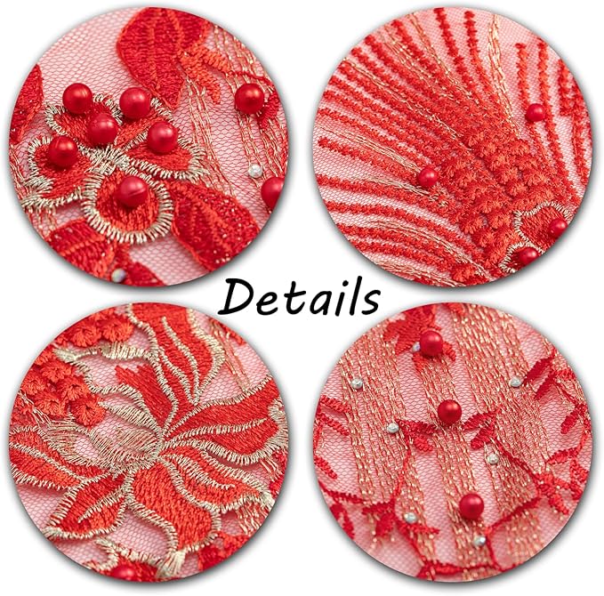 Beaded Pearl Flower Fabric Lace Applique, Floral Embroidered Patches Handmade Sewing Tool for DIY Neckline Bodice Wedding Bridal Prom Dress(Red-Small)