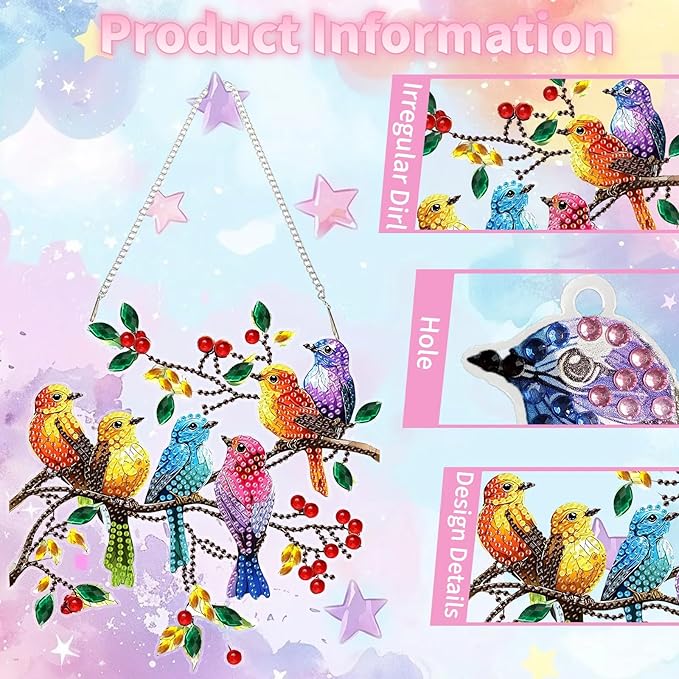 Spring Birds Diamond Painting Kits for Adults, DIY Pendant Diamond Art Kits for Beginners, 5D Special Shape Full Drill Hanging Diamond Gem Art Painting Kits for Window Suncatchers for Home Wall Decor