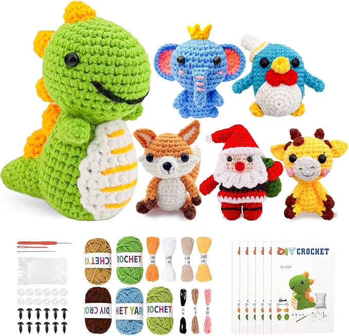 kacistech 6 Pack Christmas Crochet Kit for Beginners Adults & Kids, Animal Crochet Patterns with Video Tutorial, DIY Starter Kit Includes Yarn, Hook, Gift for Craft Lovers
