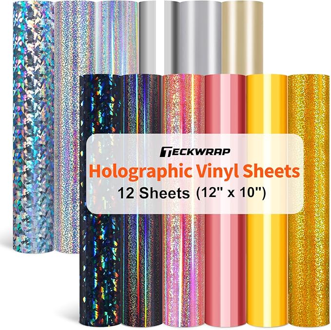TECKWRAP Holographic Permanent Vinyl Bundle, 12" x 10" 12 Sheets Rose Gold, Gold and Silver Permanent Adhesive Vinyl for DIY Sticker, Home and Car Decor,