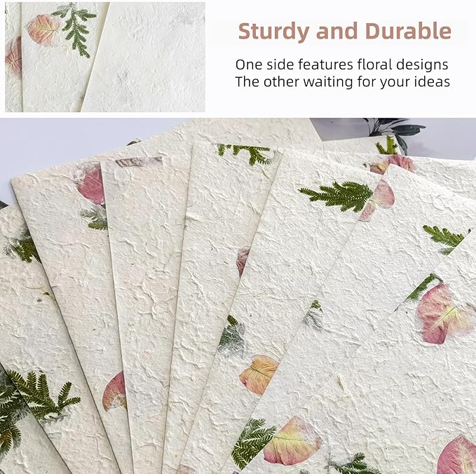 Handmade Botanical Craft Paper - 5 Sheets 15x22 Inch Art Paper for Watercolor,Wedding Invites,Scrapbooking - Vintage Textured Designs for DIY,Gift Wrapping & Cultural Projects (5)