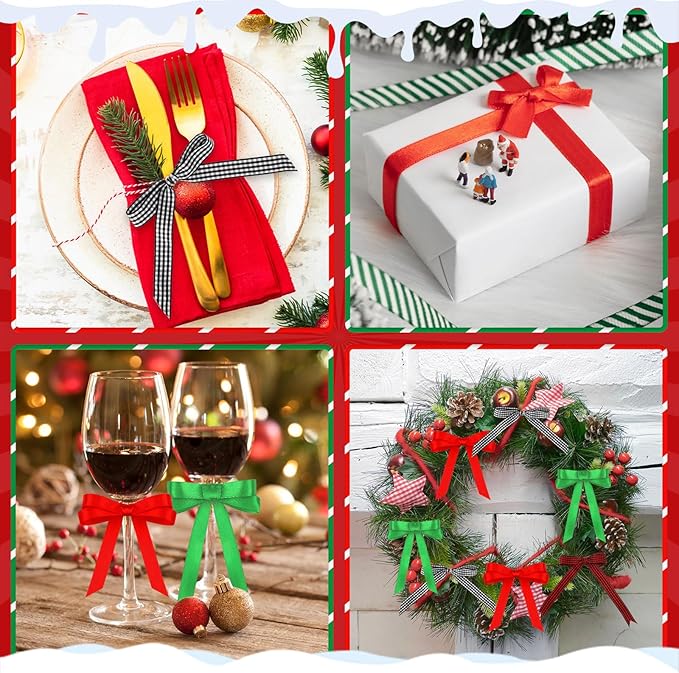 DECYOOL Christmas Ribbons, 4 Rolls 100 Yards Christmas Satin Ribbons 15mm Wide Holiday Craft Ribbons for Gift Wrapping and Xmas Decoration, Red & Green & Red Black Plaid & Black White Plaid