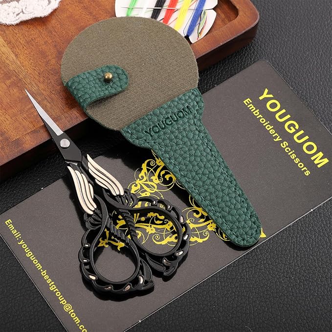 Embroidery Scissor with Case, Yarn Scissors for Sewing Craft Cross Stitch Crochet, Detail Shears Threading Snips Vintage Golden Black