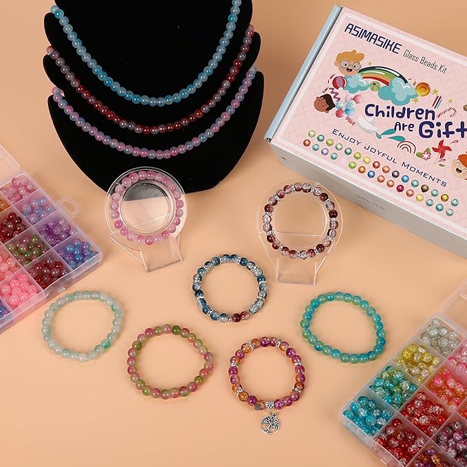 1300 Pcs Glass Beads for Jewelry Making – 8mm Beads in 48 Colors, 2 Box Set of Bulk Glass Beads for Bracelets, Crafts & DIY Gifts