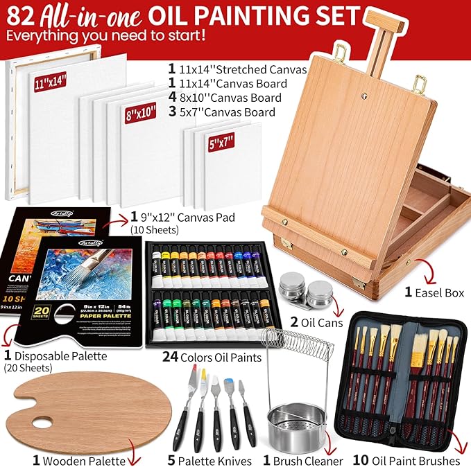 82Pcs Professional Oil Painting Set with Easel Box, 24 Rich Oil Colors & 10 Hog Brushes,Palette Knives, Canvases Complete Art Supplies Kit for Beginners & Artists