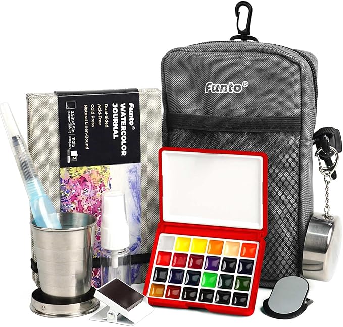 Funto Mini Watercolor Paint Set, All-In-One 24-Color Christmas Red Gift Travel Paint Kit, with Crossbody Bag, Watercolor Journal, Paint Water Cup, Pocket Set for Artists
