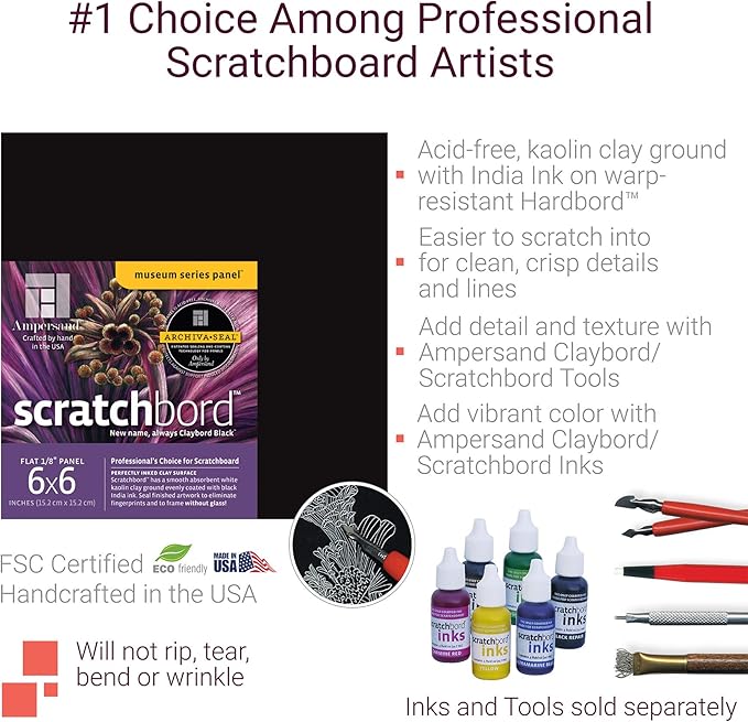 Ampersand Art Supply Scratchbord Art Panel: Museum Series Scratchboard, 1/8 Inch Flat Profile, 18" x 24"