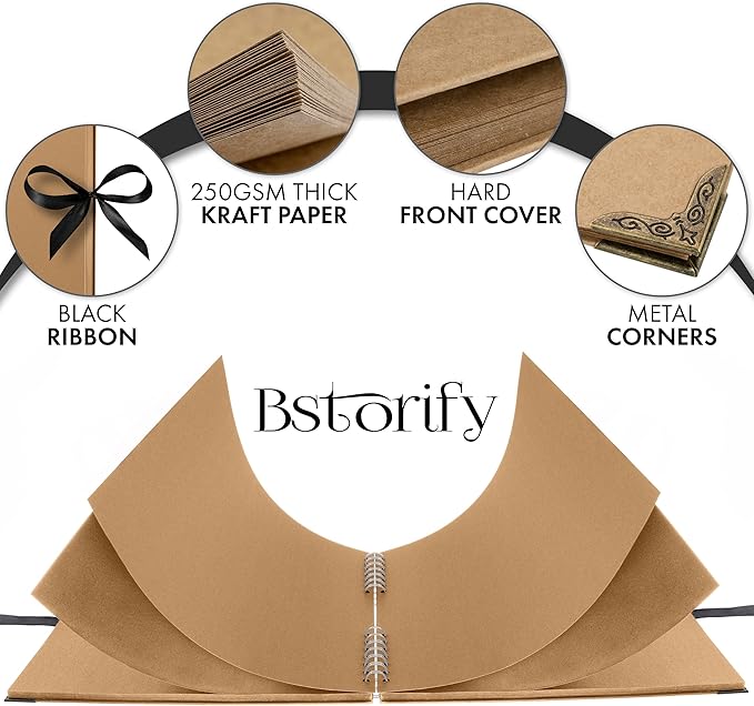 Bstorify Large Scrapbook, 11 x 11 inch, 40 Sheets (80 Pages) Brown Thick 200 GSM Kraft Paper, Memory Book, Ribbon Closure - Ideal for Your Scrapbooking, Art & Craft Projects
