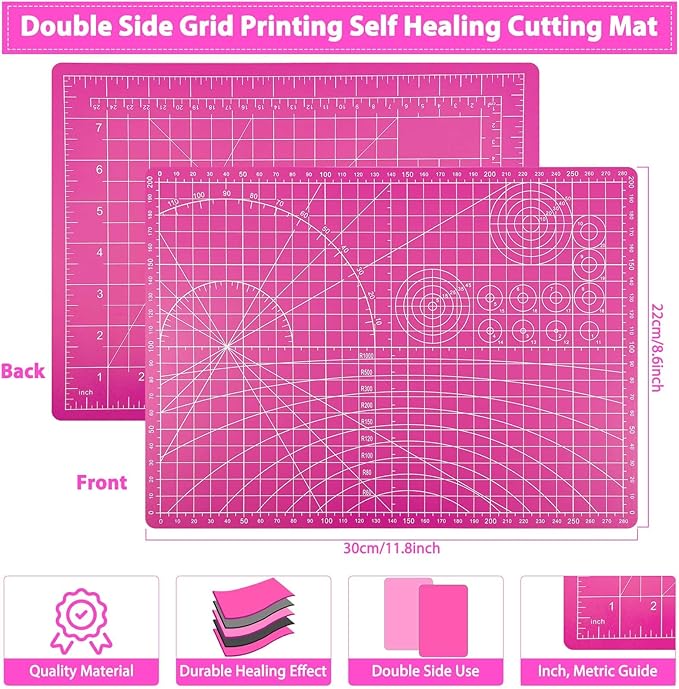 Rotary Cutter and Mat Set, Audab Self Healing Sewing Mats Shirt Cutter 45mm Fabric Cutter Wheel with 2 Blades Rotary Cutting Mat for Crafts Fabric Quilting Hobby (9" x 12" (A4)