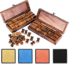 Rancco Alphabet Stamps for Crafts w/ 4 Ink Pad, 84 Pc Vintage Wooden Rubber Stamps w/Storage Box, 2 Set Mini Handwriting Number, Symbol & Letter Stamps for Gift Card Making, DIY Scrapbook, Clay Craft