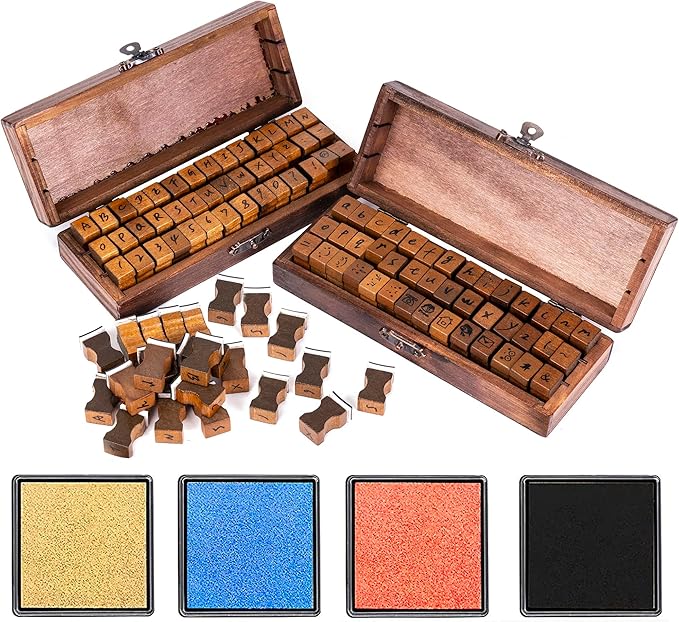 Rancco Alphabet Stamps for Crafts w/ 4 Ink Pad, 84 Pc Vintage Wooden Rubber Stamps w/Storage Box, 2 Set Mini Handwriting Number, Symbol & Letter Stamps for Gift Card Making, DIY Scrapbook, Clay Craft