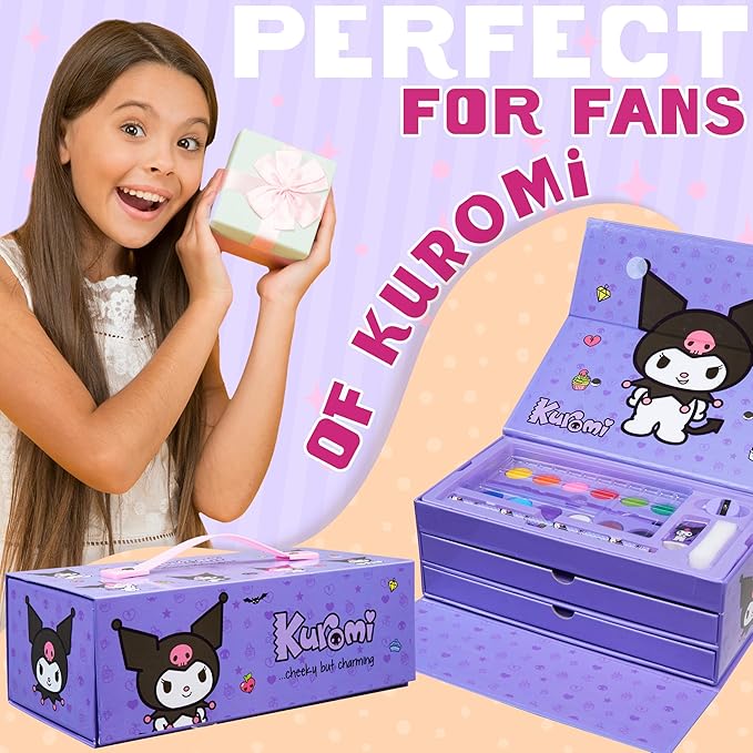 Hello Kitty Sanrio Kuromi Painting Art Supplies for Kids, Colored Pencils, Markers, Crayons, Kawaii Drawing Kit, Stationary, Art Kit, Gifts for Girls (Purple Kuromi 3 Tier)