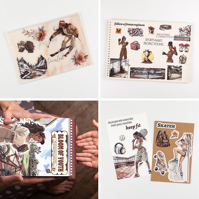 Dizdkizd Sport Themed Scrapbooking Journaling Stickers for Adults, 196 Die-Cut PET and Paper Sticker Book for Bullet Journal, Collage, Colored Girls Fitness Planner Stickers Kit