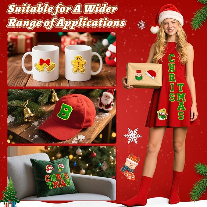 72 Pcs Red and Green Christmas Patches Embroidered Winter Christmas Letter Patches Self Adhesive,Include 52 A-Z Letters Patch,20 Winter Snowman Wreath Penguin Stick on Letter Stickers for Backpacks