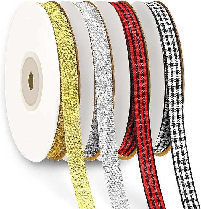 DECYOOL Christmas Ribbons, 4 Rolls 100 Yards Christmas Satin Ribbons 10mm Wide Holiday Craft Ribbons for Gift Wrapping and Xmas Decoration, Gold & Silver & Red Black Plaid & Black White Plaid