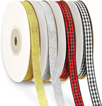 DECYOOL Christmas Ribbons, 4 Rolls 100 Yards Christmas Satin Ribbons 10mm Wide Holiday Craft Ribbons for Gift Wrapping and Xmas Decoration, Gold & Silver & Red Black Plaid & Black White Plaid