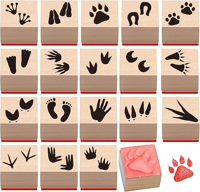 MotiMind 18 Pcs Animal Footprints Wood Stamps Set Wooden Rubber Holiday Stamps for Card Making Decoration and Scrapbooking Supplies