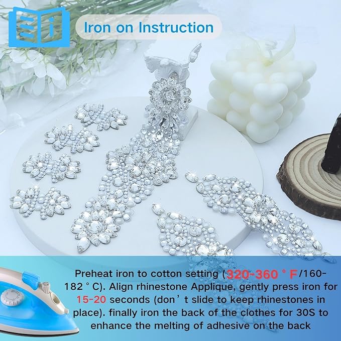 PEARLY JUN 11 Pcs Silver Rhinestone Applique Patches Pearl Rhinestone Patches Iron on Appliques for Dresses Hand Sewing Craft Projects DIY Wedding Clothes Shoes Hats Bags Embellishments