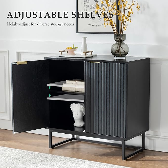 Fluted Storage Cabinet, Sideboard Buffet with Adjustable Shelves, Multifunctional Console Table with Storage Credenza for Living Room, Dining Room, Hallway, Black
