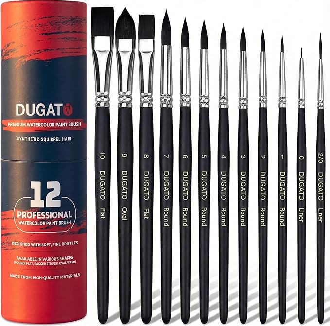 Watercolor Brushes Professional, DUGATO 12pc Artist Paint Brush Set - Synthetic Bristles (Round, Flat, Liner, Oval) for Watercolor Gouache Inks Painting