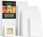 ARTEZA Stretched Canvas Multipack of 10 – 4x4, 5x7, 8x10, 9x12, 11x14 Inch Blank White Canvases for Acrylic, Oil, Gouache – Cotton, Pre-Primed
