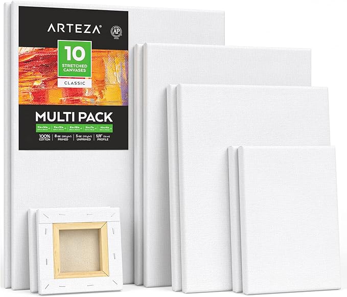 ARTEZA Stretched Canvas Multipack of 10 – 4x4, 5x7, 8x10, 9x12, 11x14 Inch Blank White Canvases for Acrylic, Oil, Gouache – Cotton, Pre-Primed
