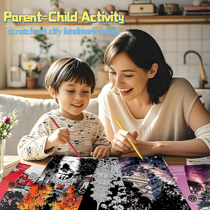 Scratch Art for Adults-Laser Scratch Painting Craft Kit (8 Sheets 16x11 in)|Foil Engraving Art Set|Stress Relief Gift for Travel Lovers,Craft Lovers|Creative Scratch Art Home Decor(Asian Series)