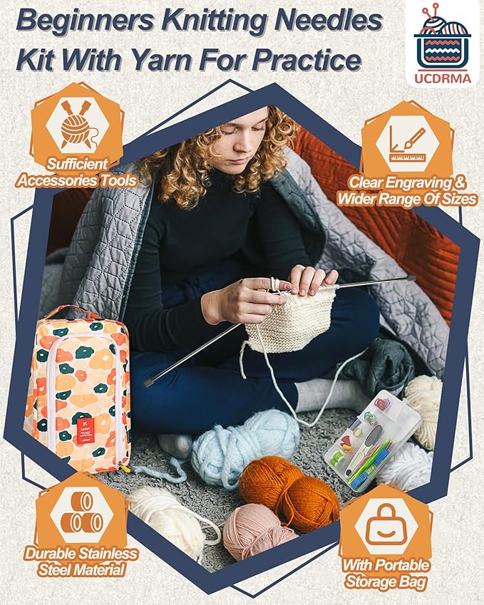 UCDRAMA 90PC Knitting Needles Set Beginners Knitting Kit with Yarn, Metal Single-pointed + Circular Knitting Needle Set US0-15 (2-10mm) with Knitting Accessories, Knitting Set for Beginner Adults/Kids