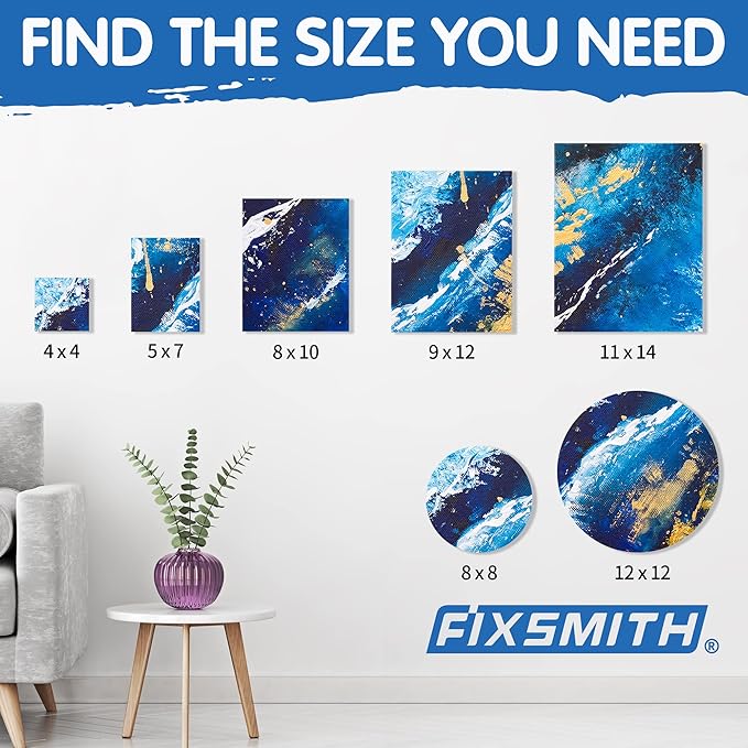 FIXSMITH 21 Pack Stretched Canvases, Multi Pack - 4x4, 5x7, 8x10, 9x12, 11x14, Round Canvas 12x12, 8x8 (3 of Each), 100% Cotton, Primed Canvases for Acrylic, Oil, Wet or Dry Art Media