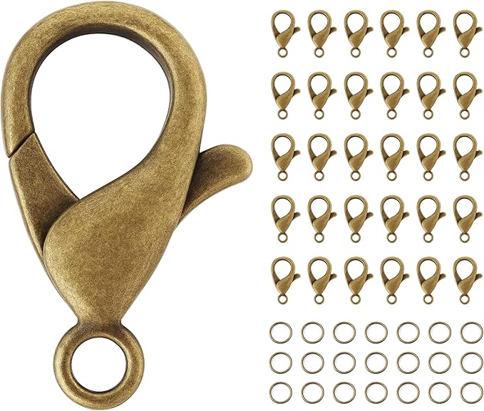 Mandala Crafts 14mm Antique Brass Metal Lobster Clasps for Jewelry Making - 100 Lobster Claw Clasps with Jump Rings Jewelry Findings Kit for Necklaces Bracelets Charms Fasteners